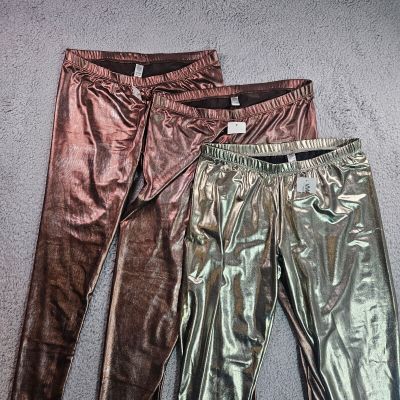 Lot of 3 - New  Medium Athletic Leggings Shiny Metallic Tight Pants Brown & Gold